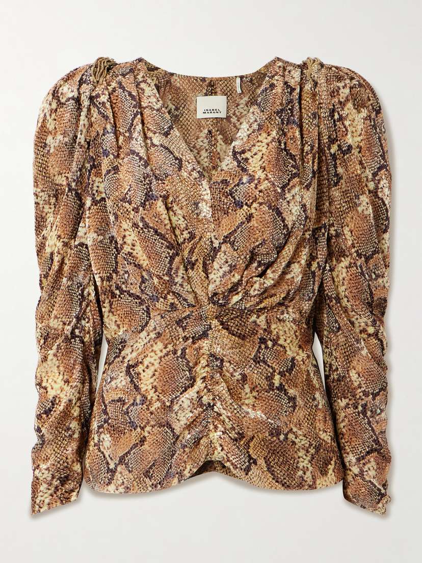 Isabel Marant Marlin Ruched Snake-print Silk-blend Devoré Blouse