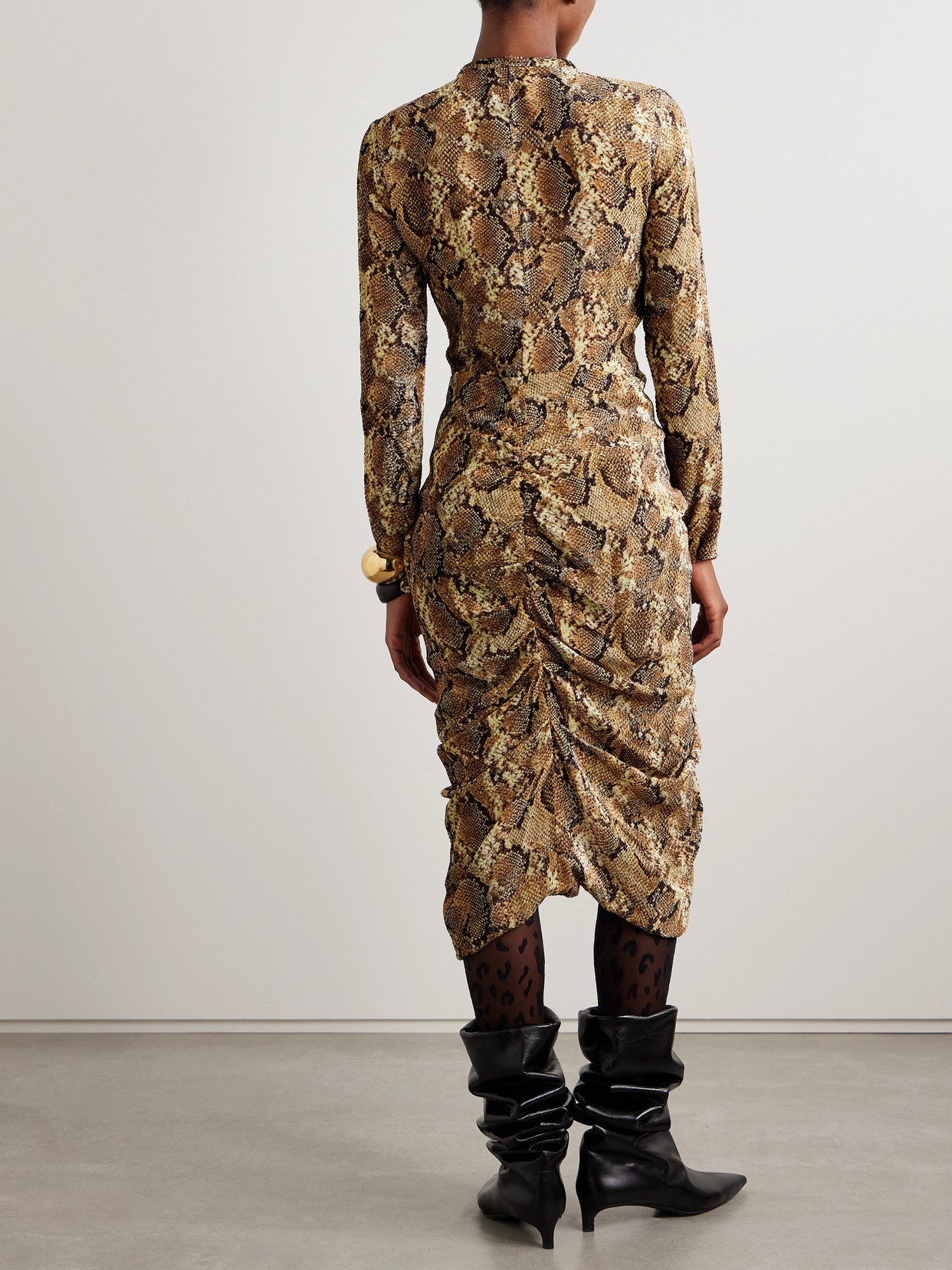 Isabel Marant Connie Pussy-bow Ruched Snake-print Devoré Silk-blend Midi Dress In Animal Print