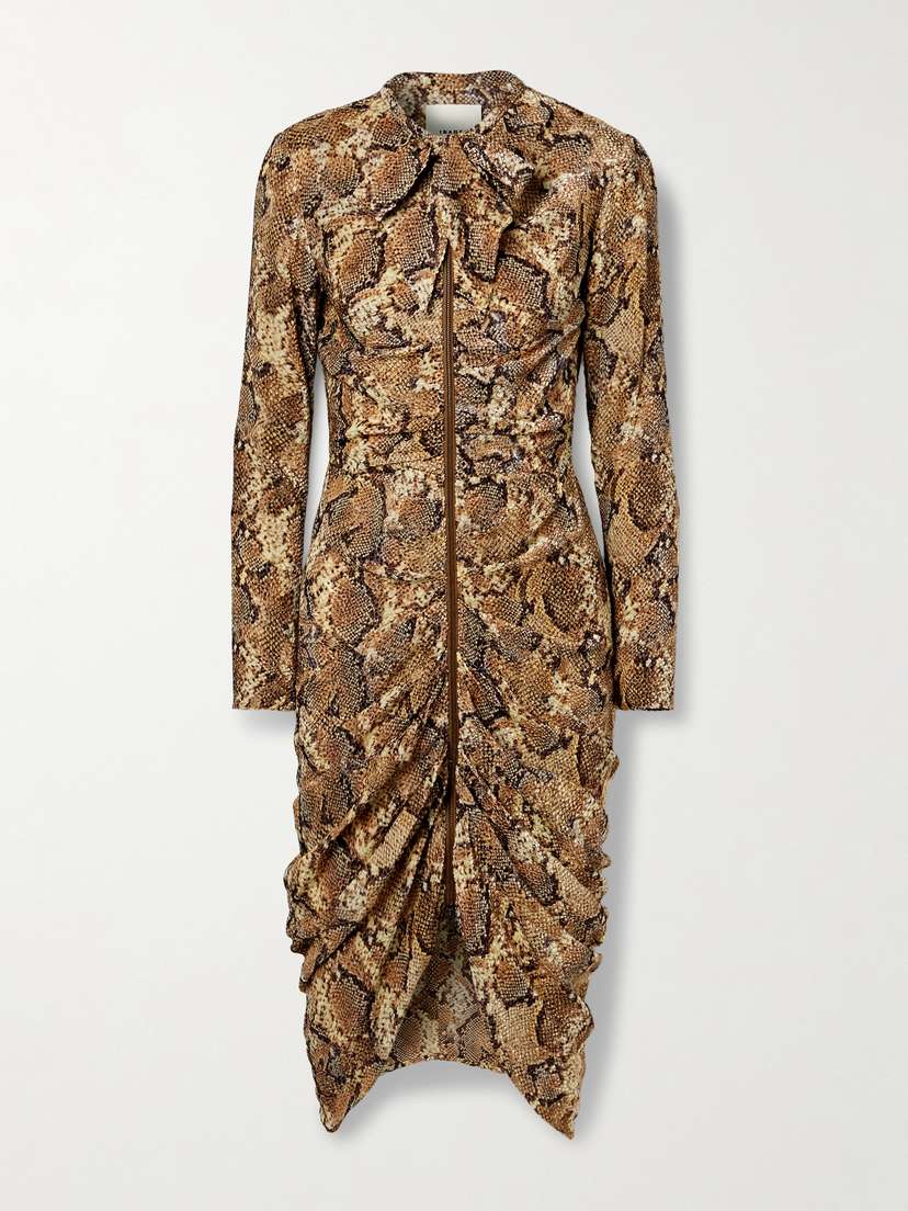 Isabel Marant Connie Pussy-bow Ruched Snake-print Devoré Silk-blend Midi Dress