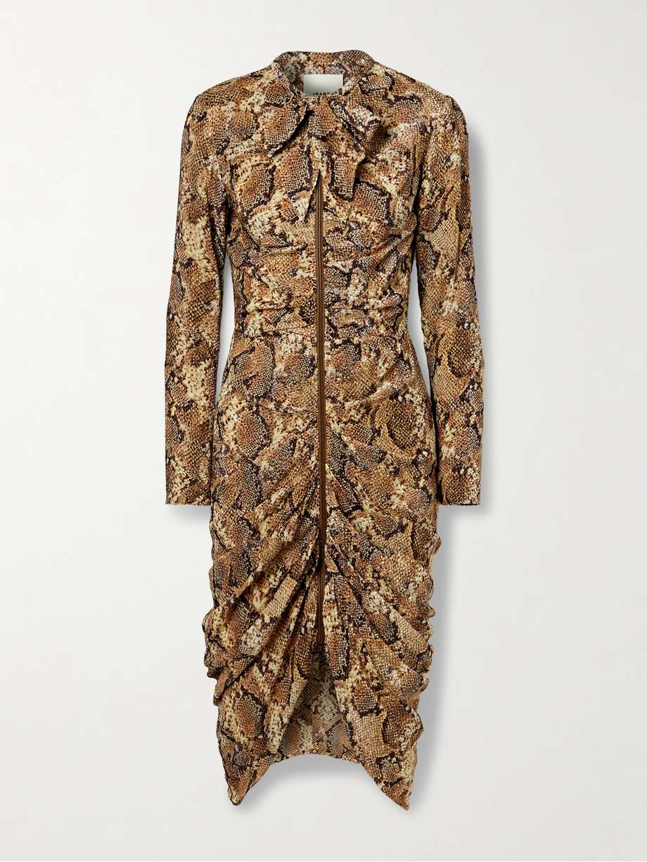 connie pussy-bow ruched snake-print devoré silk-blend midi dress