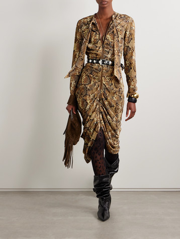 Isabel Marant Connie pussy-bow ruched snake-print devoré silk-blend midi dress