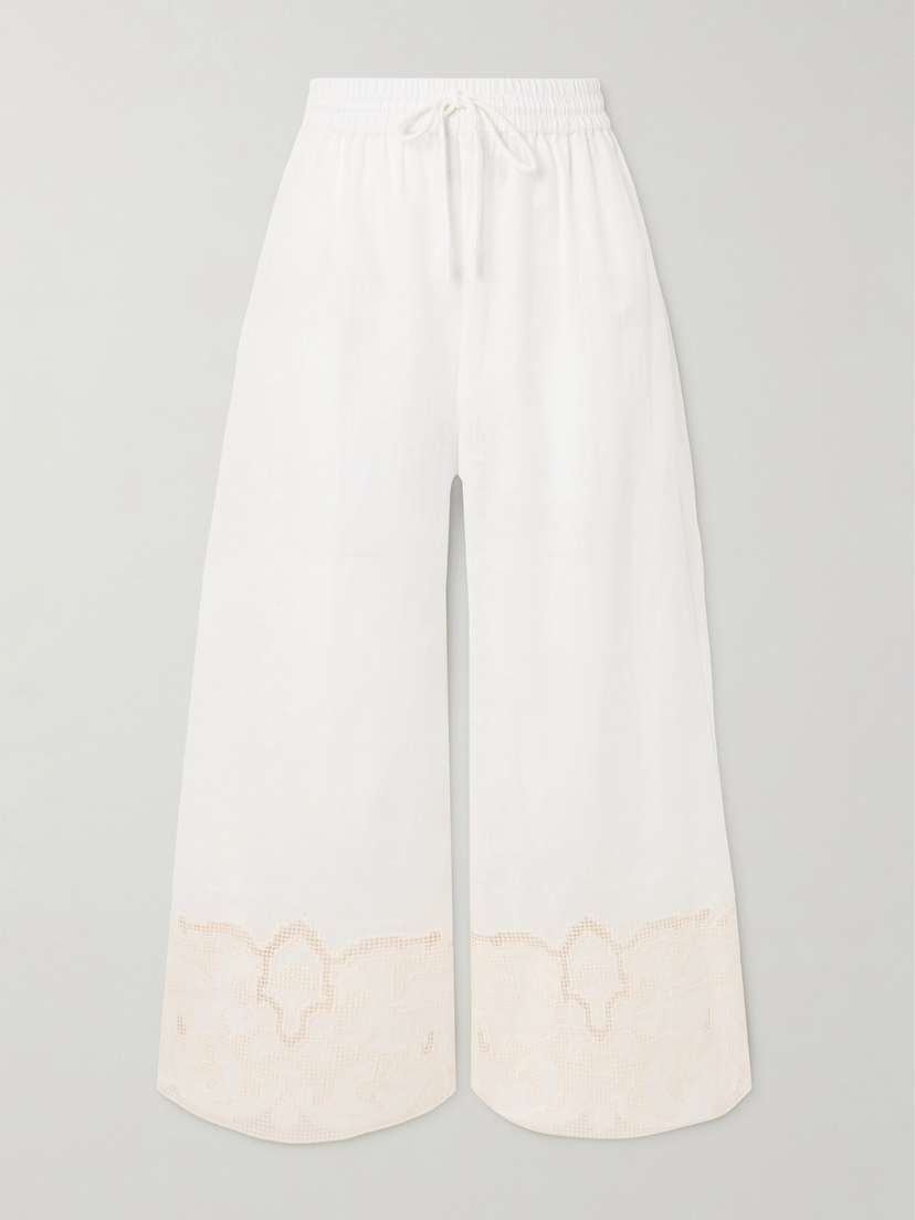 ALEMAIS Pegasus Cropped Embroidered Linen Wide-leg Pants