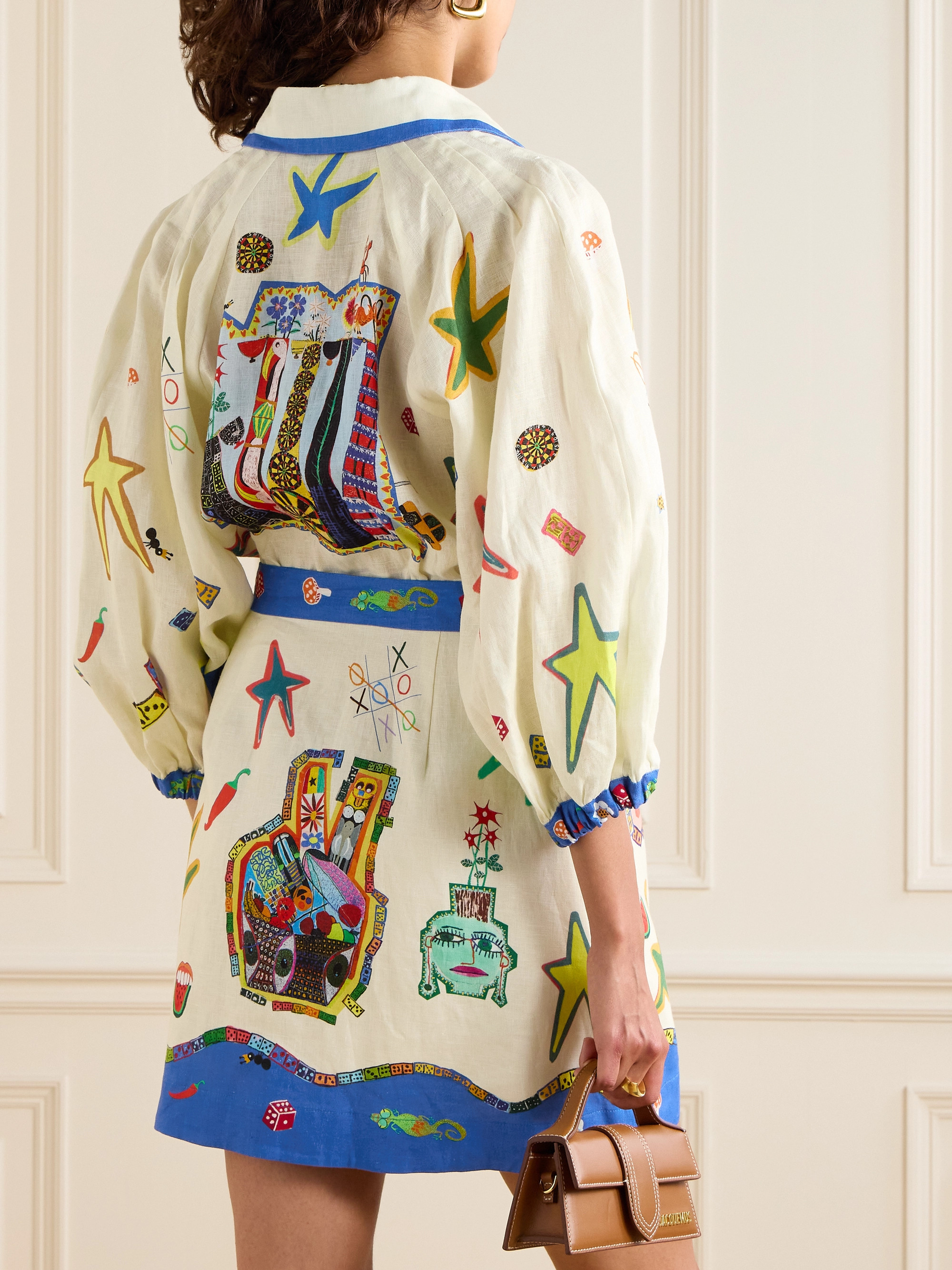 Alémais Players belted printed linen mini shirt dress