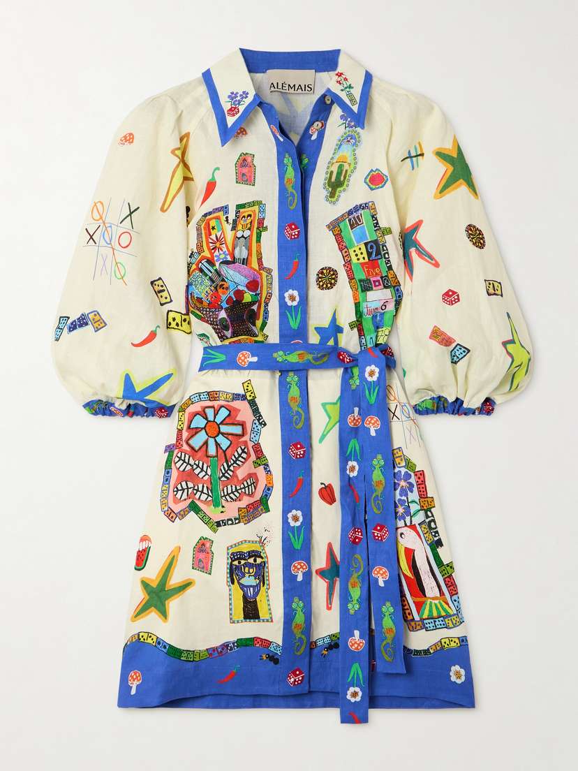 ALEMAIS Players Belted Printed Linen Mini Shirt Dress - UK 14