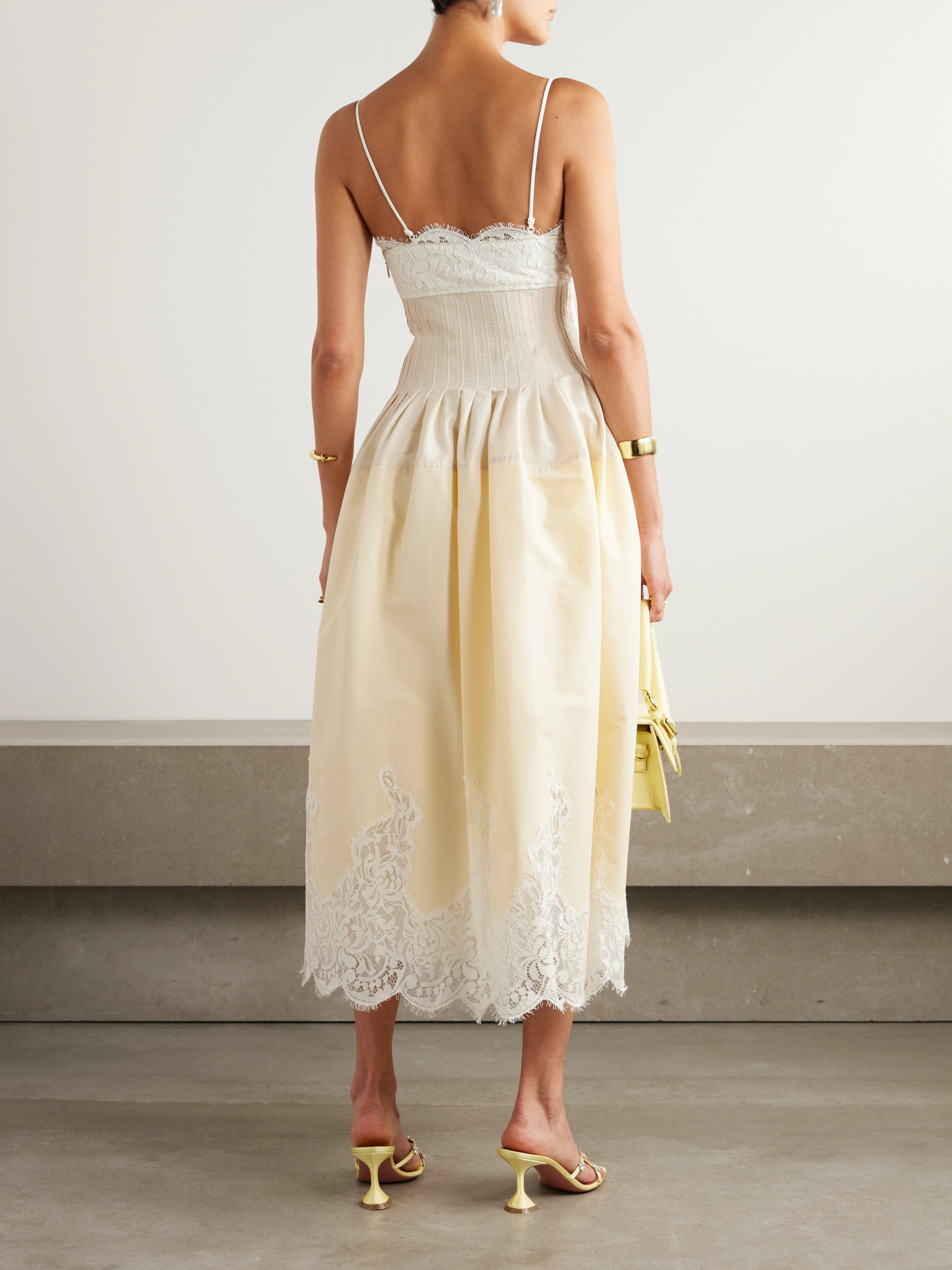 SIMKHAI Lilianna pleated paneled lace-trimmed cotton-blend midi dress thumbnail