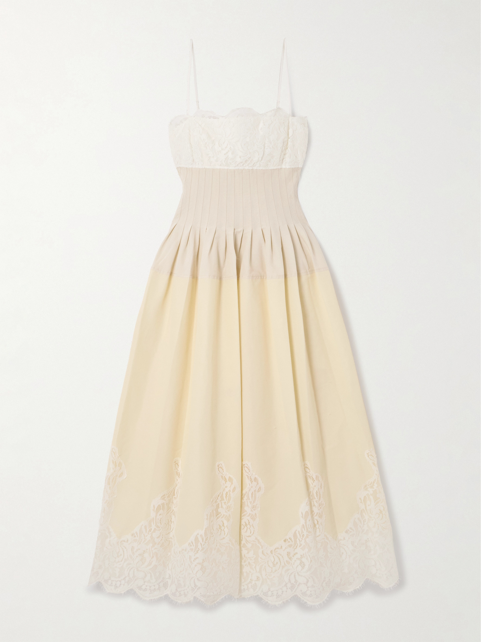 SIMKHAI Lilianna pleated paneled lace-trimmed cotton-blend midi dress thumbnail