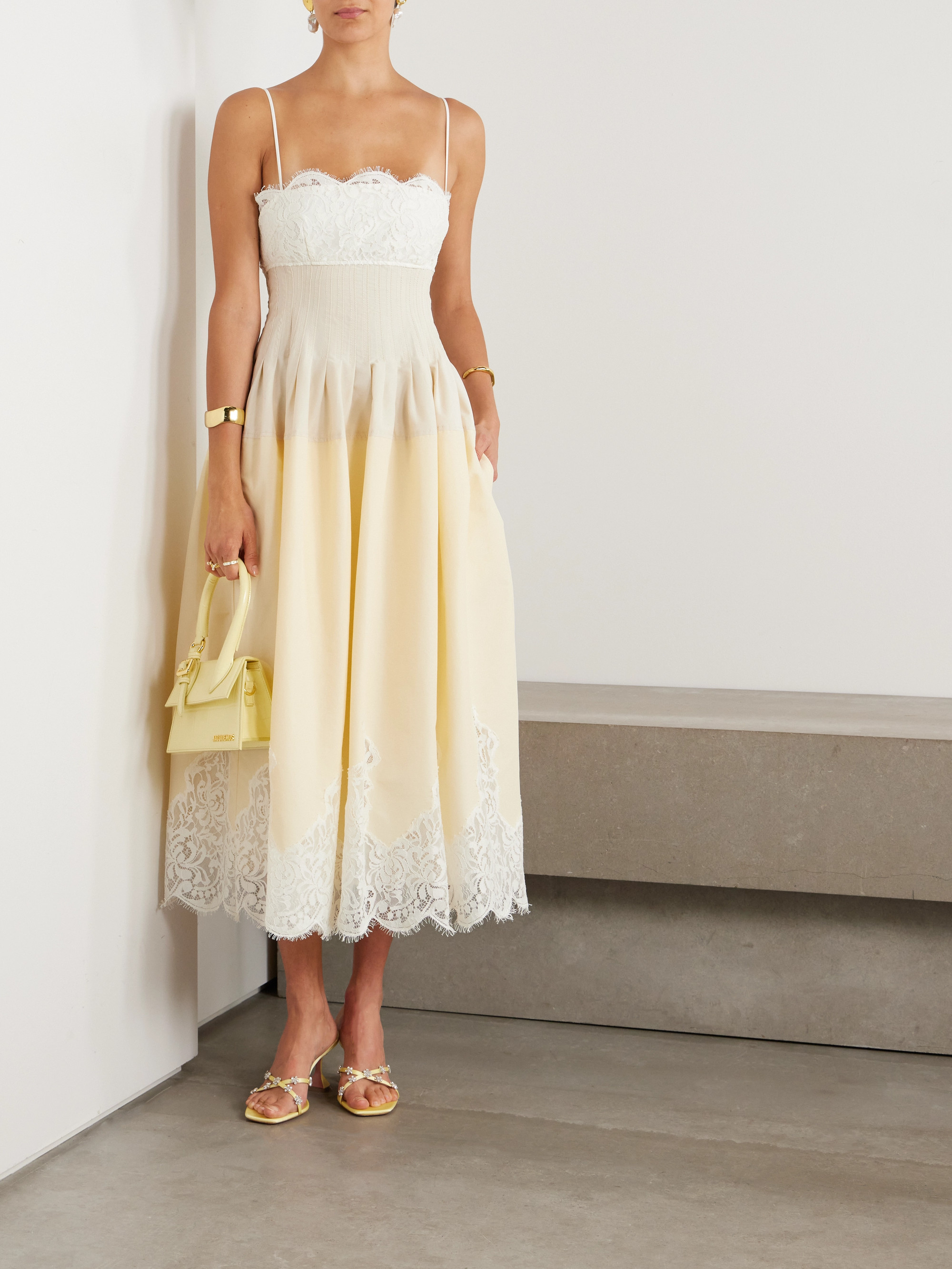 SIMKHAI Lilianna pleated paneled lace-trimmed cotton-blend midi dress