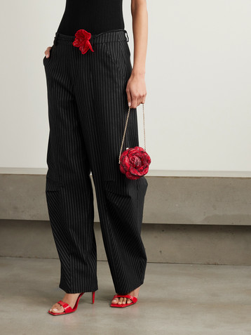 ROTATE Birger Christensen Embellished belted pinstriped crepe tapered pants