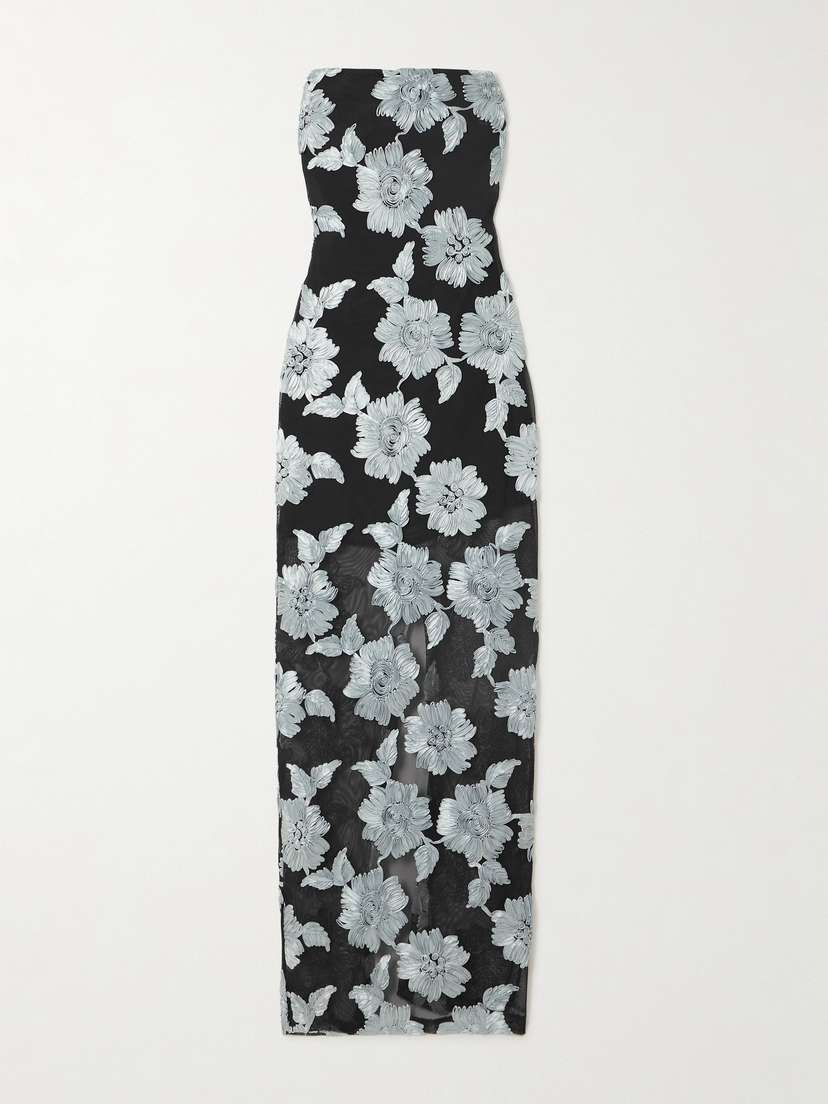 Rotate Birger Christensen Strapless Appliquéd Recycled-mesh And Satin Maxi Dress