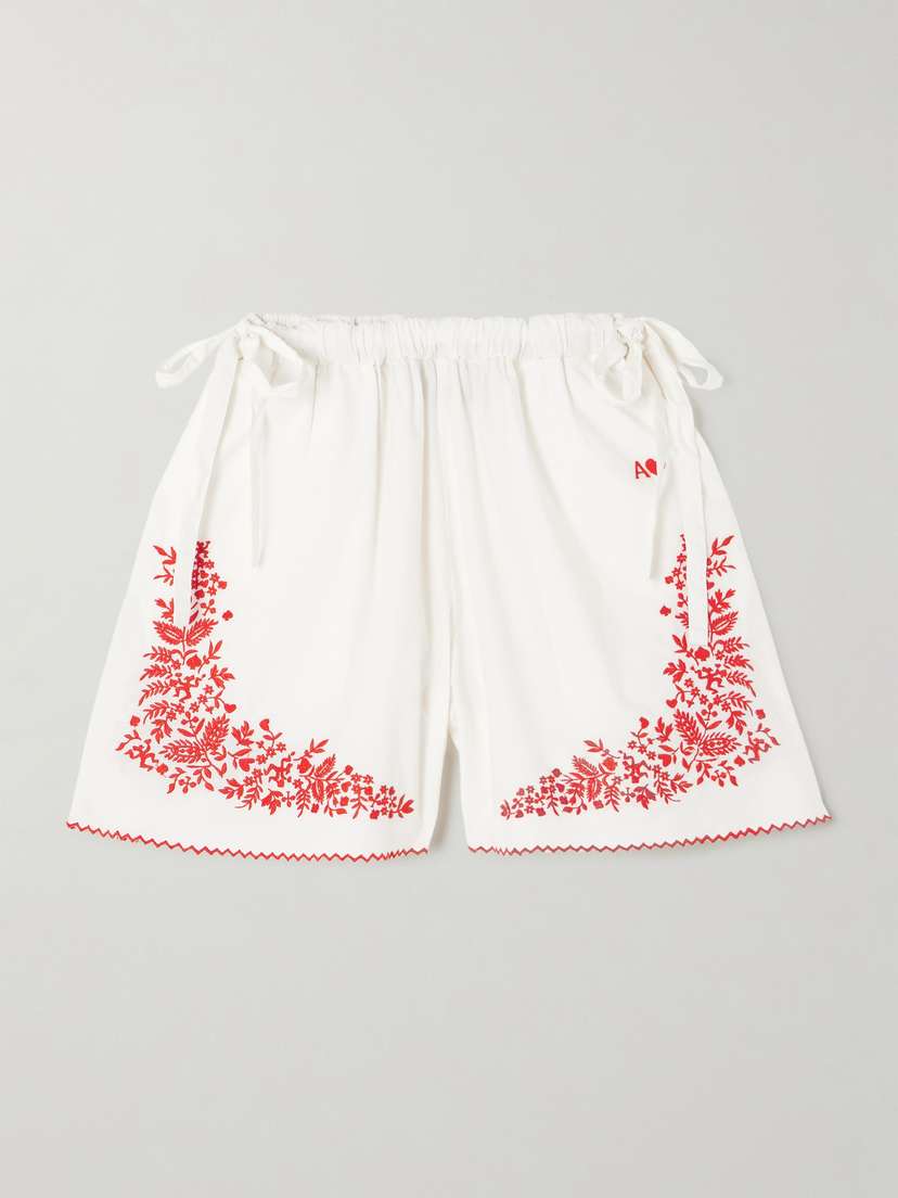 ALEMAIS Hearts Tie-detailed Embroidered Organic Cotton-poplin Shorts - UK 16