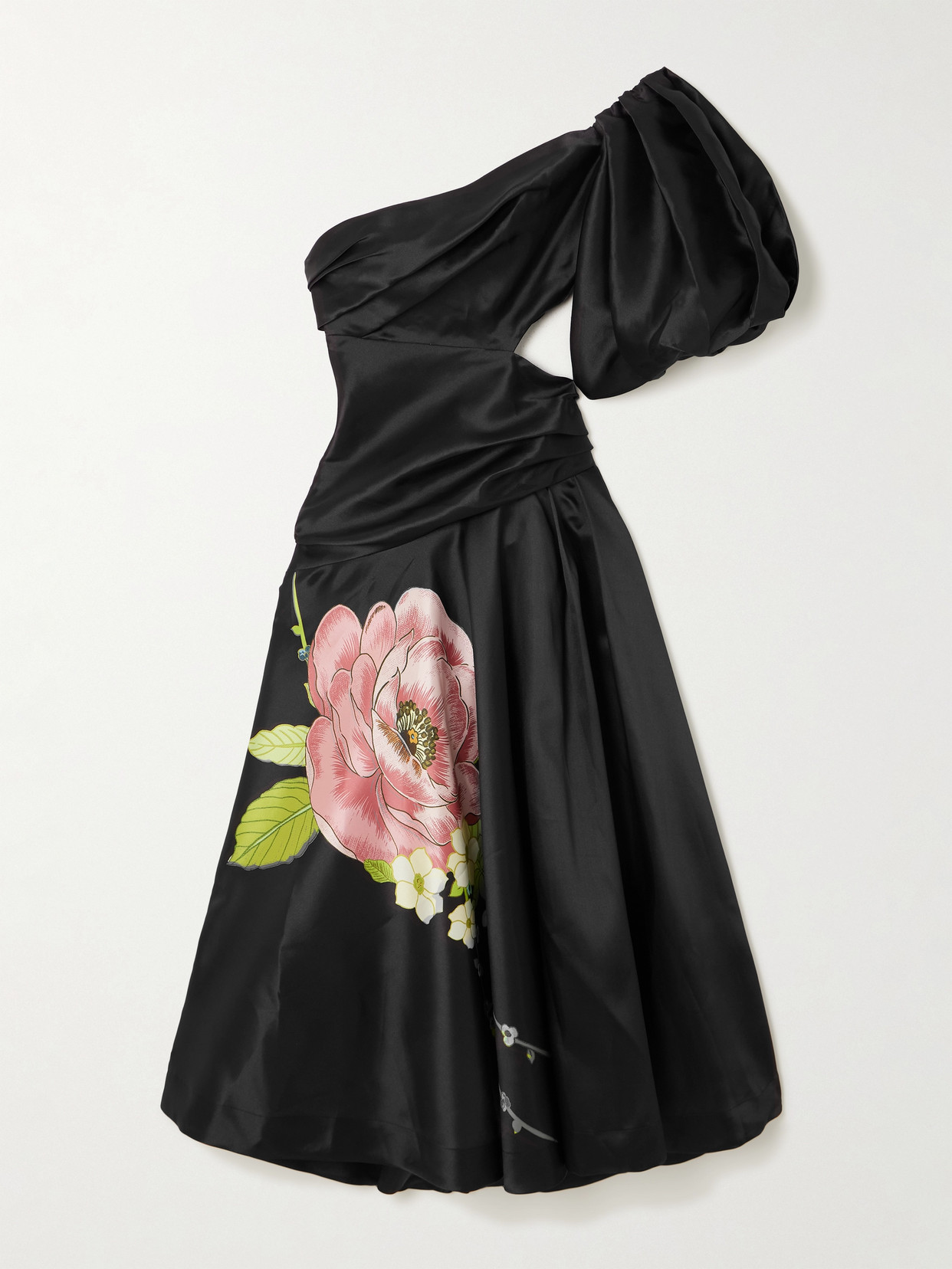 Alemais Regent Noir One-sleeve Cutout Floral-print Taffetta Gown In Black