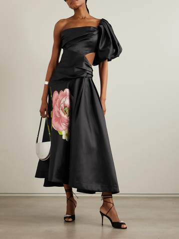 Alémais Regent Noir one-sleeve cutout floral-print taffetta gown