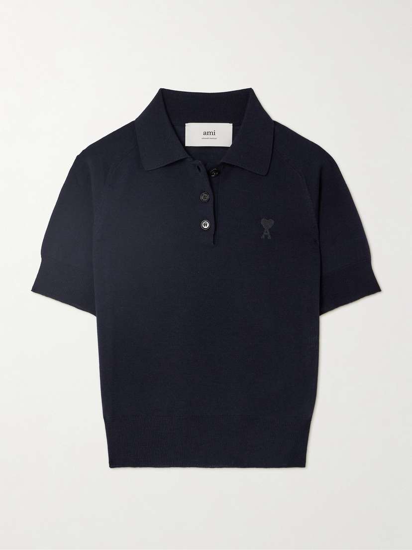 AMI PARIS Embroidered Merino Wool Polo Shirt