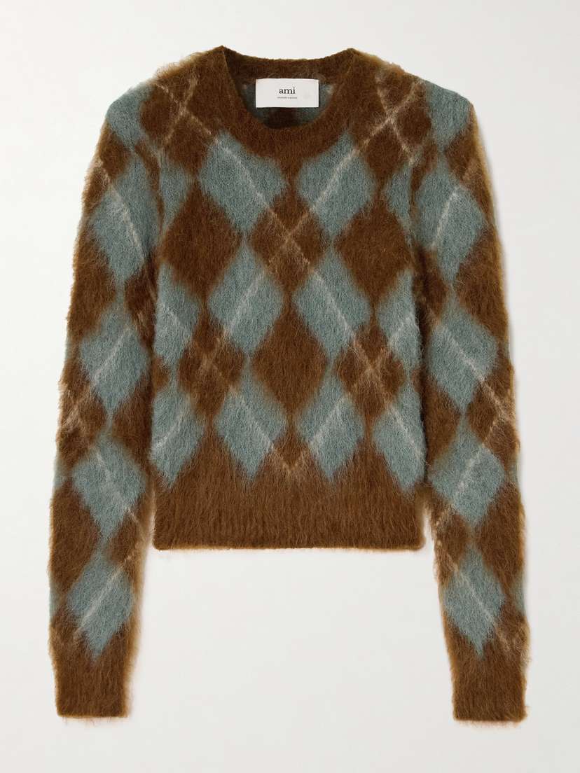 AMI PARIS Argyle Brushed-knit Sweater
