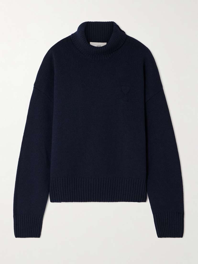 AMI PARIS Embroidered Merino Wool And Cashmere-blend Turtleneck Sweater