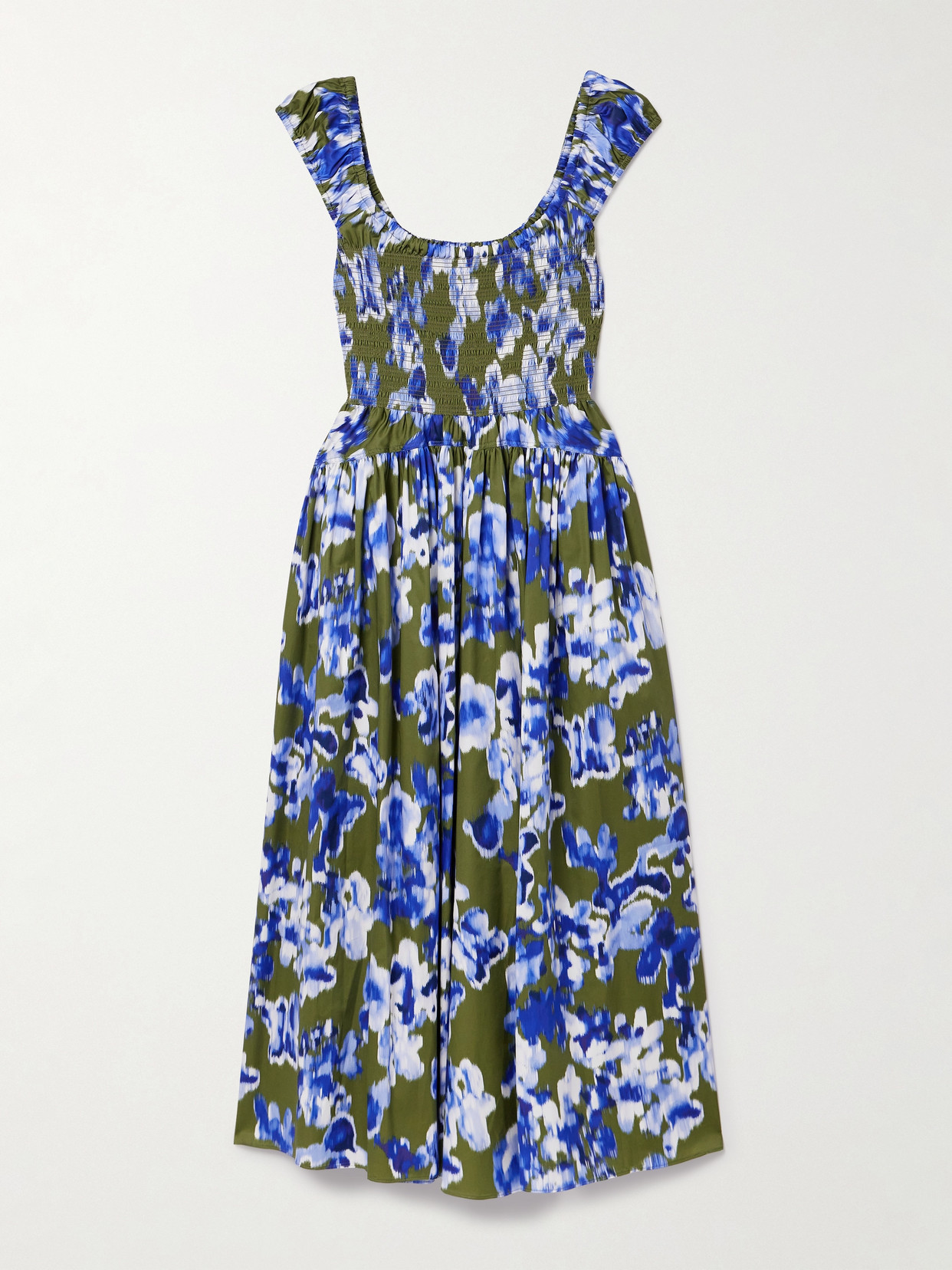 La Ligne Vivian Shirred Printed Cotton-sateen Midi Dress In Blue