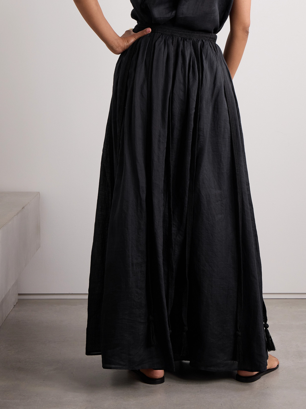 Ulla Johnson Corrine Crocheted Cotton-trimmed Gathered Ramie Maxi Skirt In Black