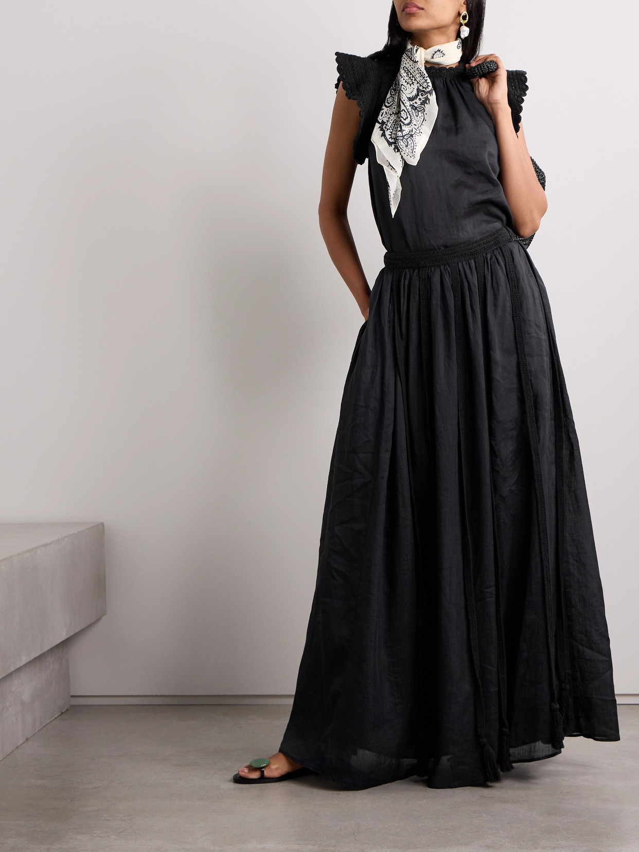 Ulla Johnson Corrine Crocheted Cotton-trimmed Gathered Ramie Maxi Skirt In Black
