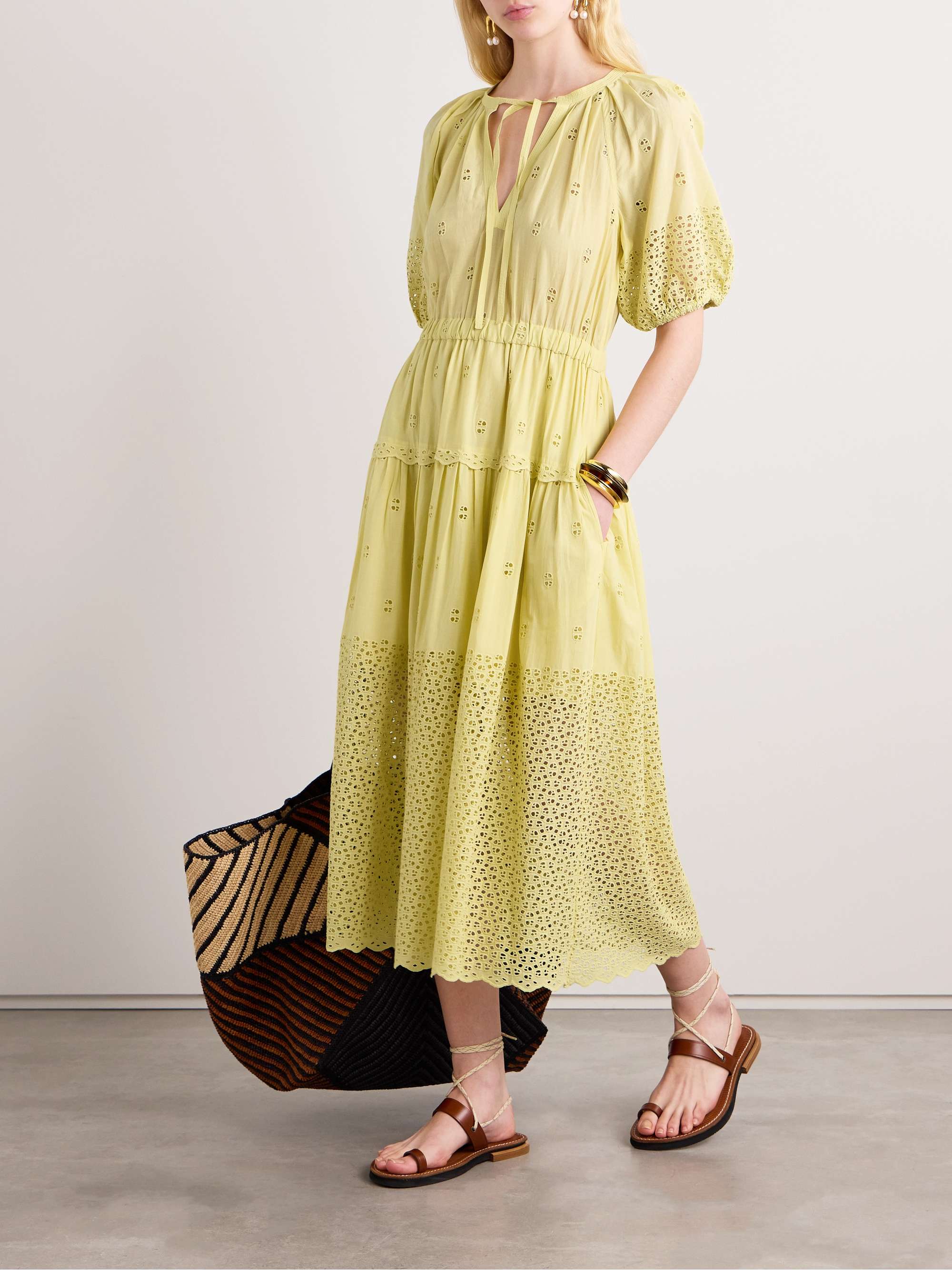 Nova tiered broderie anglaise cotton poplin midi dress yellow US00
