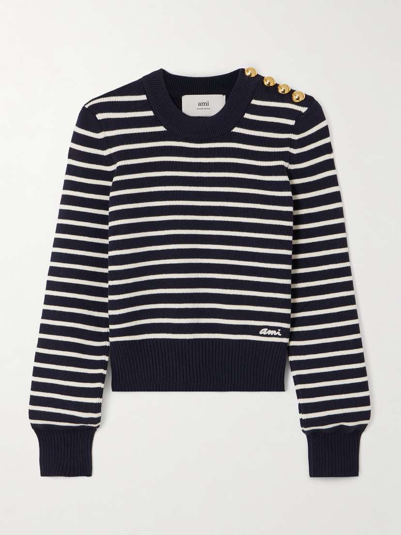 AMI PARIS Logo-embroidered Striped Organic Cotton And Merino Wool-blend Sweater