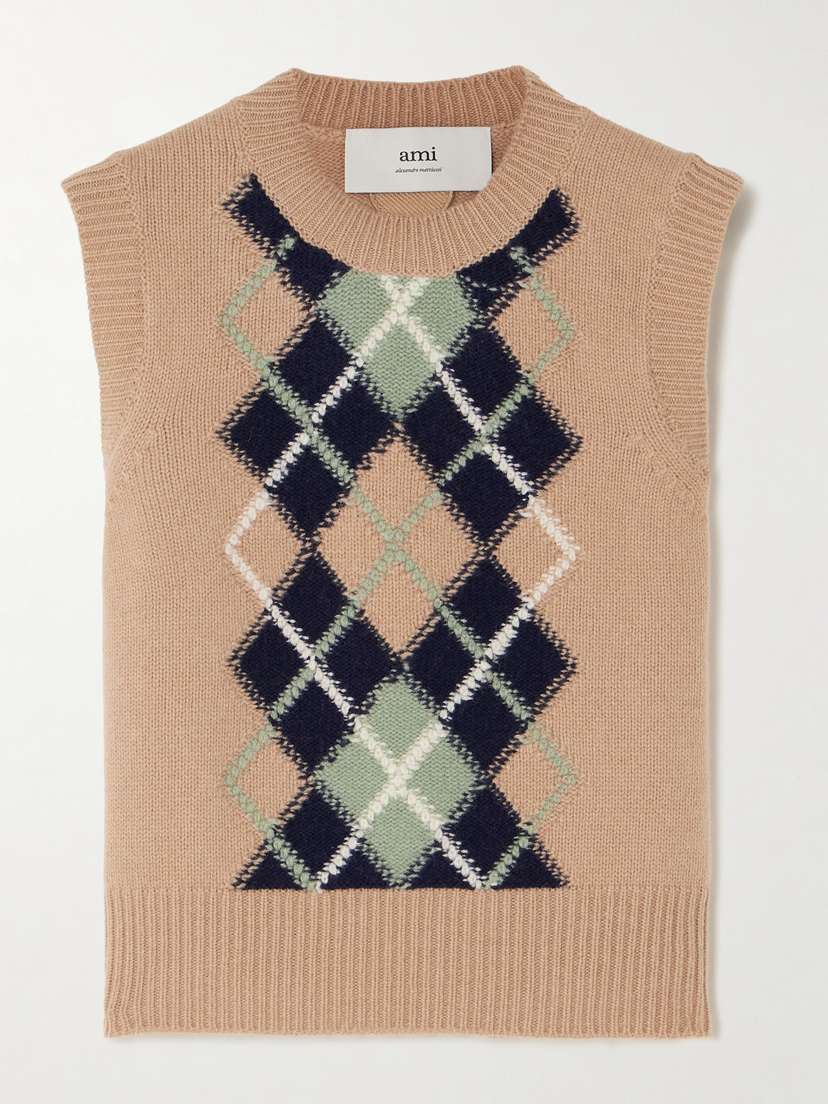 AMI PARIS Argyle Jacquard-knit Wool And Cashmere-blend Sweater