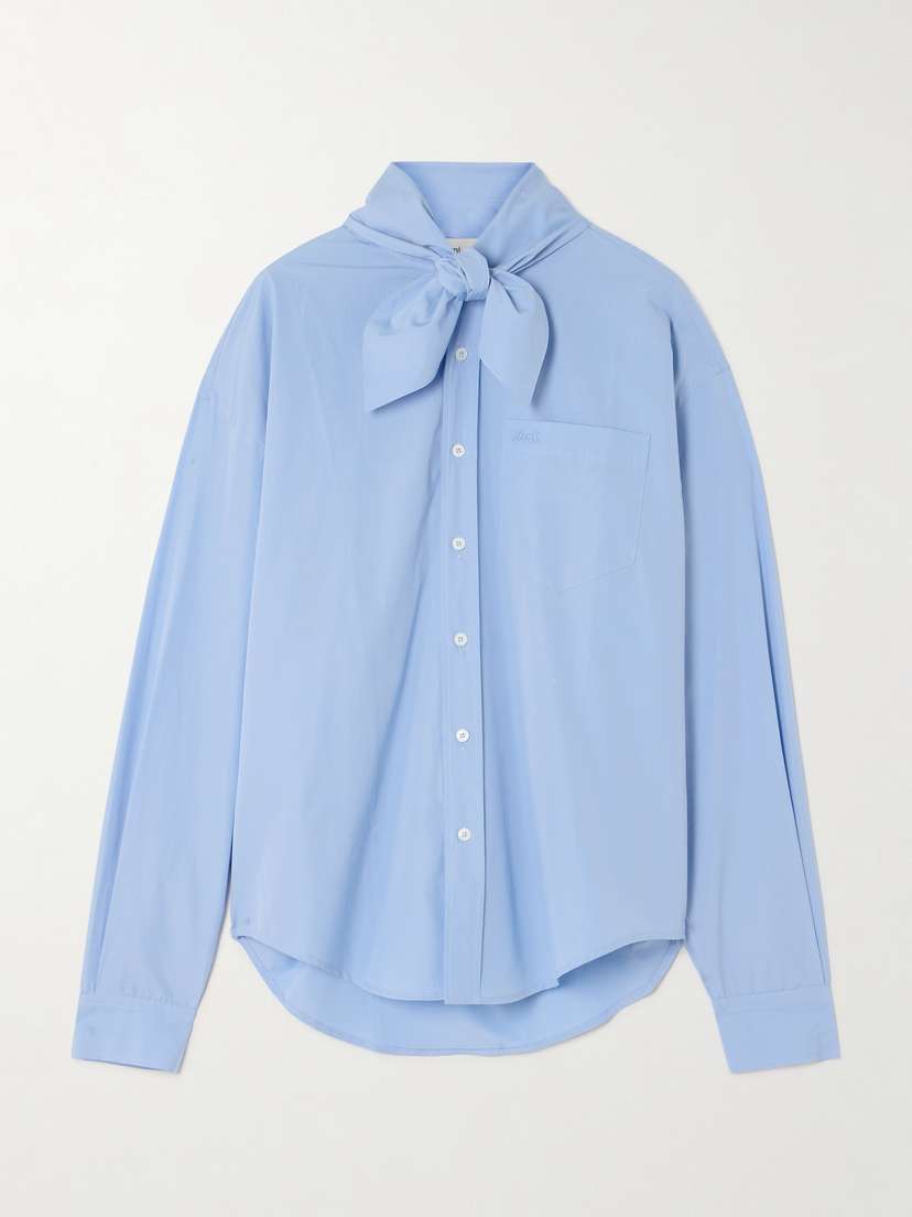AMI PARIS Pussy-bow Embroidered Cotton-poplin Shirt - x large