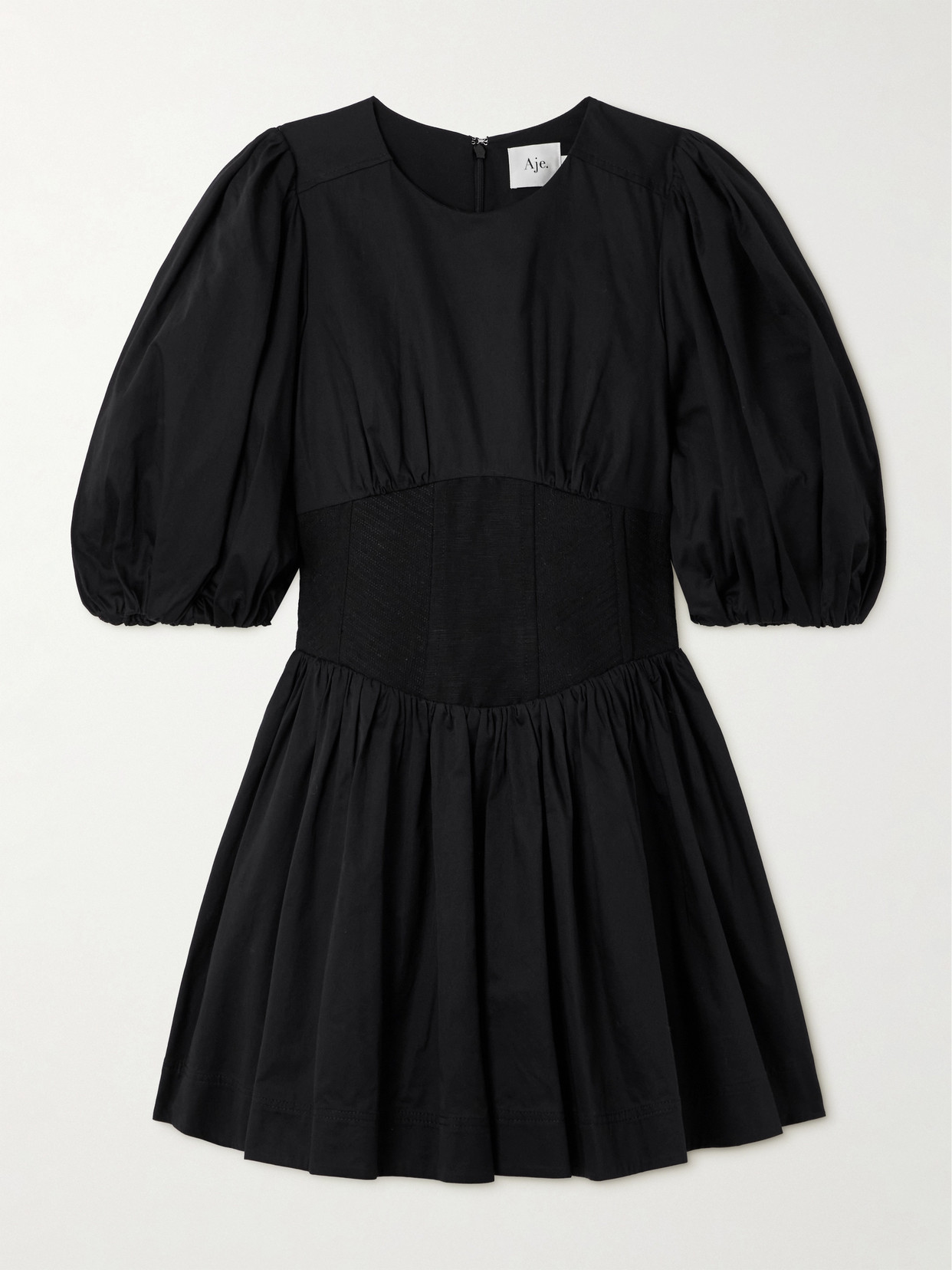 Aje Billie Shirred Canvas-paneled Cotton-poplin Mini Dress In Black