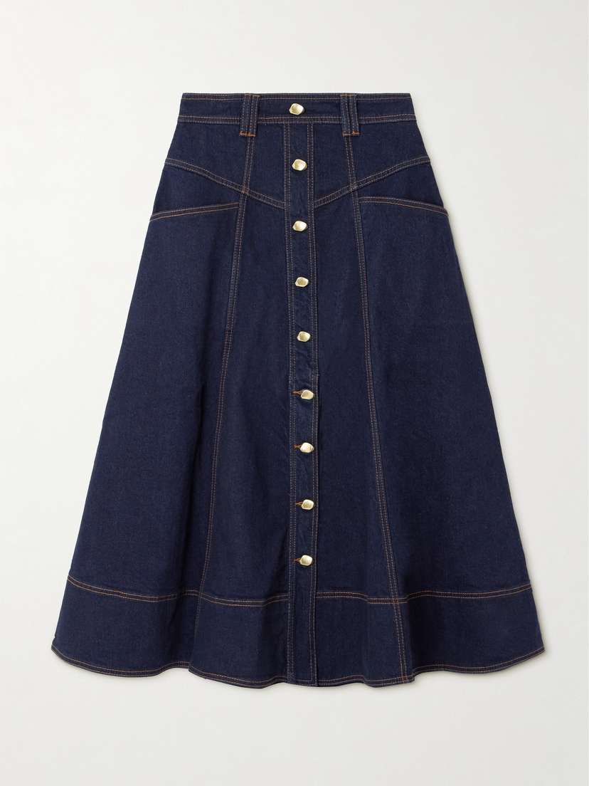 Aje Resonance Button-embellished Paneled Denim Midi Skirt
