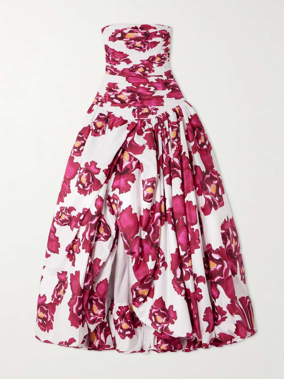 behold strapless ruched floral-print cotton-poplin gown