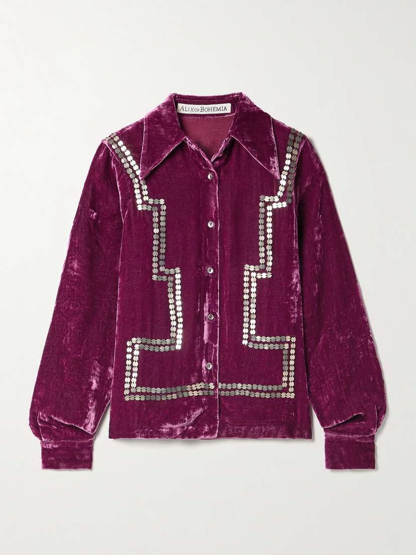 ALIX OF BOHEMIA Dolly Embellished Crushed-velvet Shirt