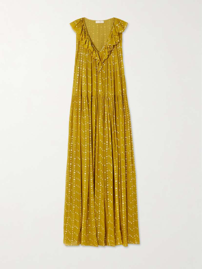 Ulla Johnson Audelia Ruffled Crinkled Metallic Fil Coupé Silk-blend Maxi Dress