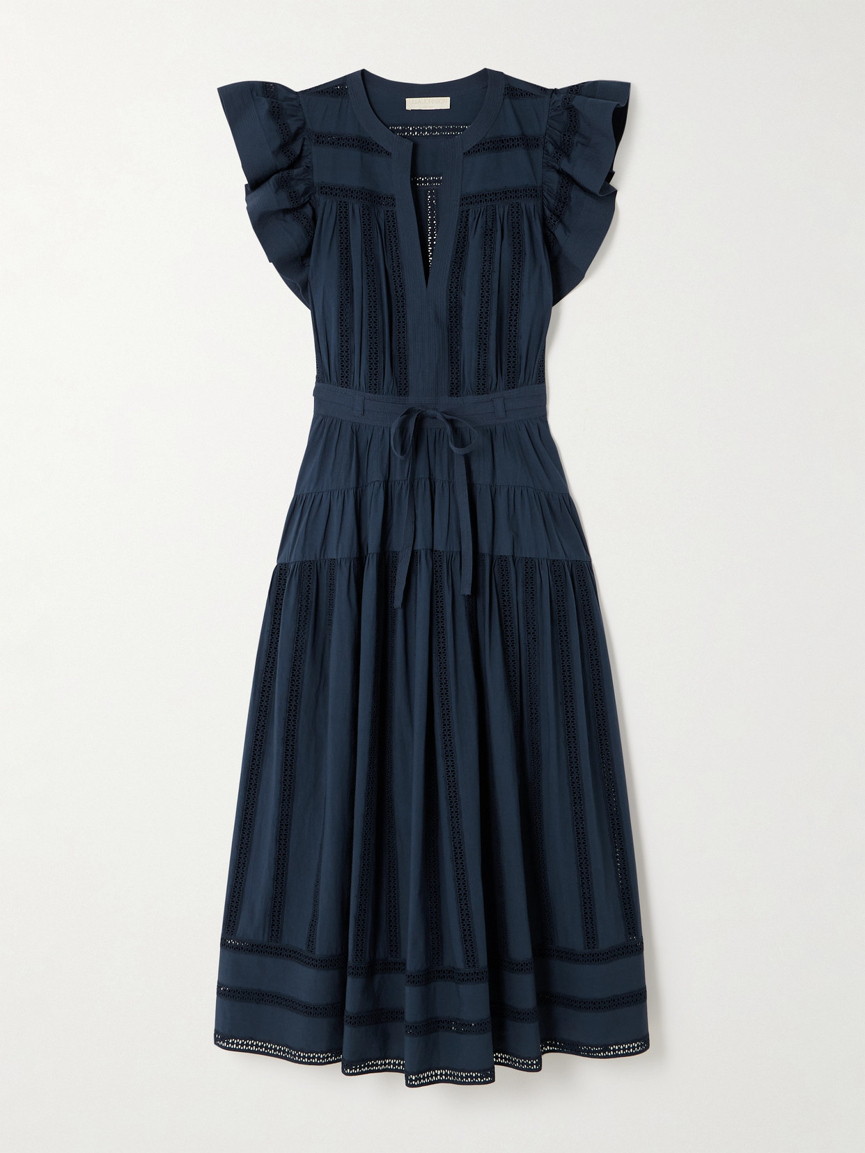 ULLA JOHNSON EMERY BELTED TIERED RUFFLED LACE-TRIMMED COTTON MIDI DRESS