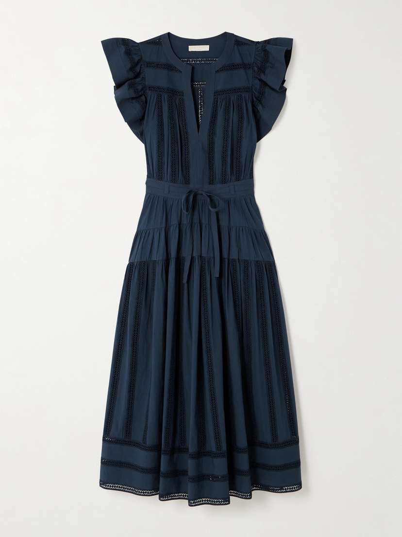 Ulla Johnson Emery Belted Tiered Ruffled Lace-trimmed Cotton Midi Dress