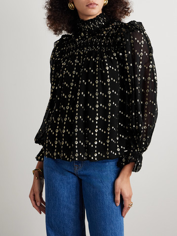 Ulla Johnson Mila shirred ruffled metallic fil coupé silk-blend chiffon blouse