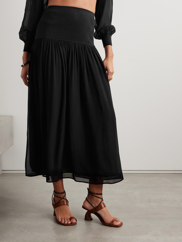 Ulla Johnson Miya ribbed wool and silk-blend and pleated chiffon midi skirt