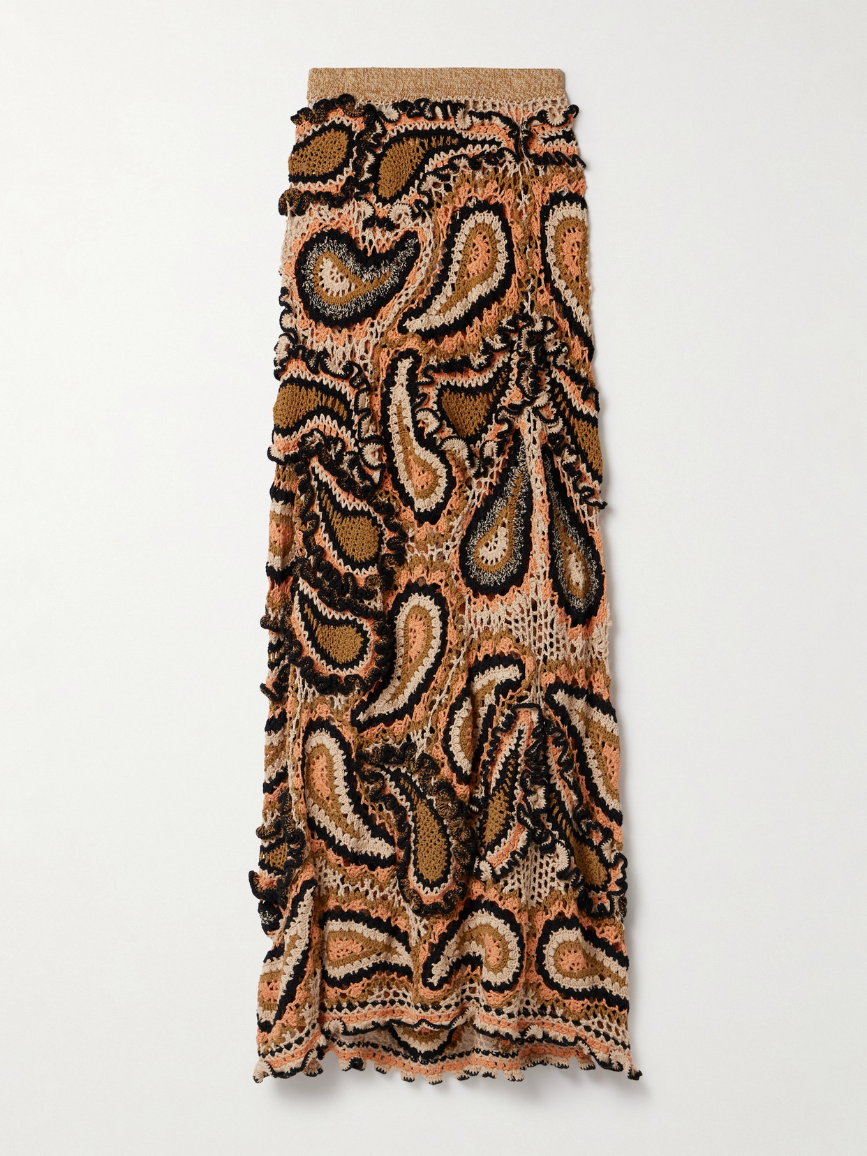 Ulla Johnson Ina Ruffled Crocheted Cotton Maxi Skirt In Brown