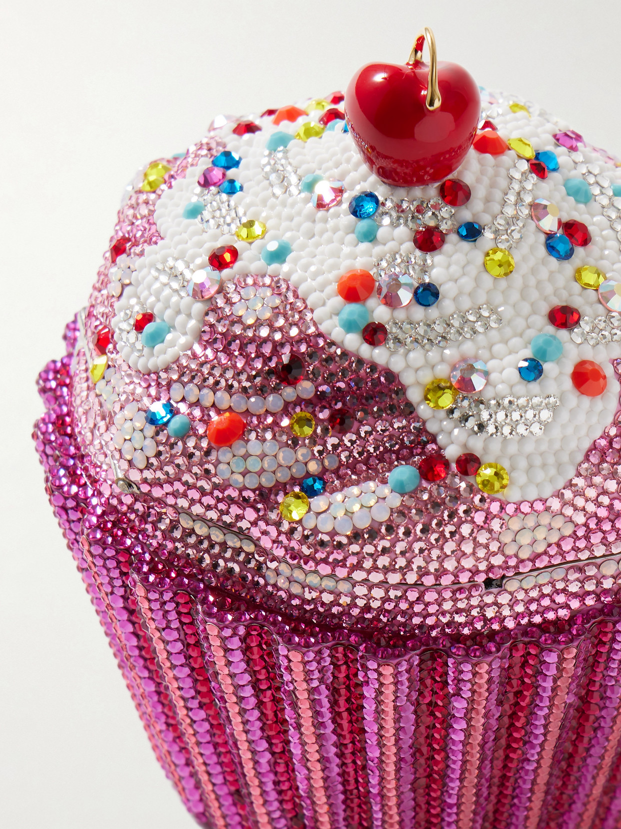 JUDITH LEIBER CHERRY CUPCAKE CRYSTAL-EMBELLISHED SILVER-TONE CLUTCH