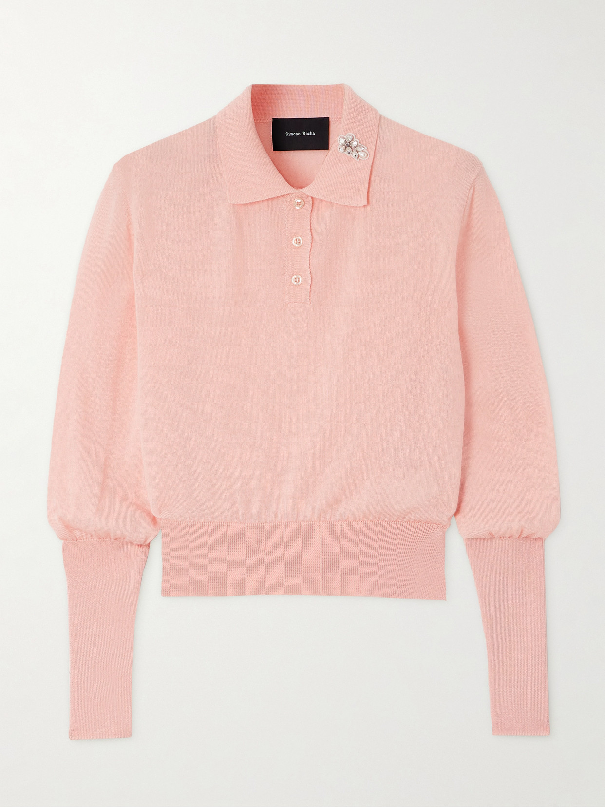 Simone Rocha Embellished Merino Wool And Silk-blend Polo Jumper In Pink