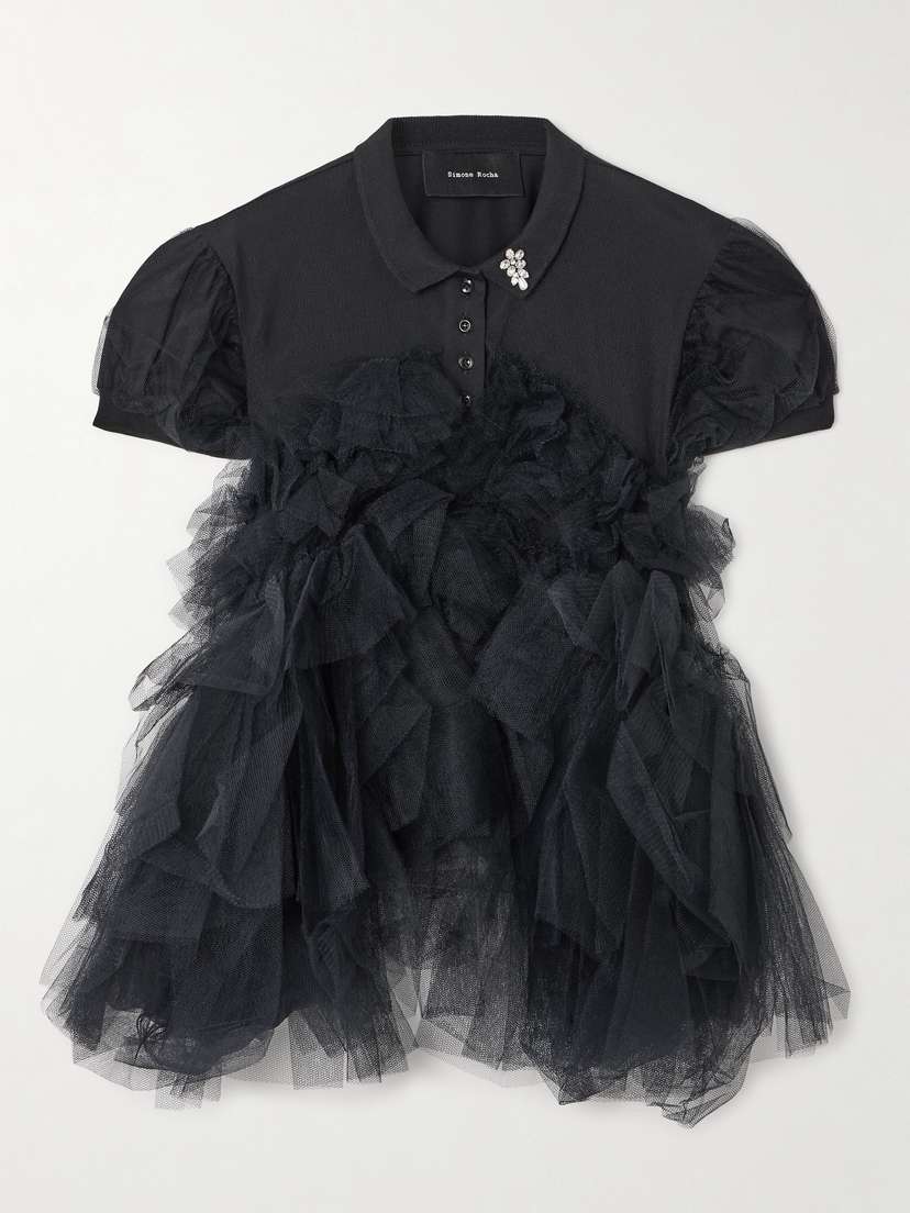 Simone Rocha Embellished Cotton And Tulle Polo Shirt