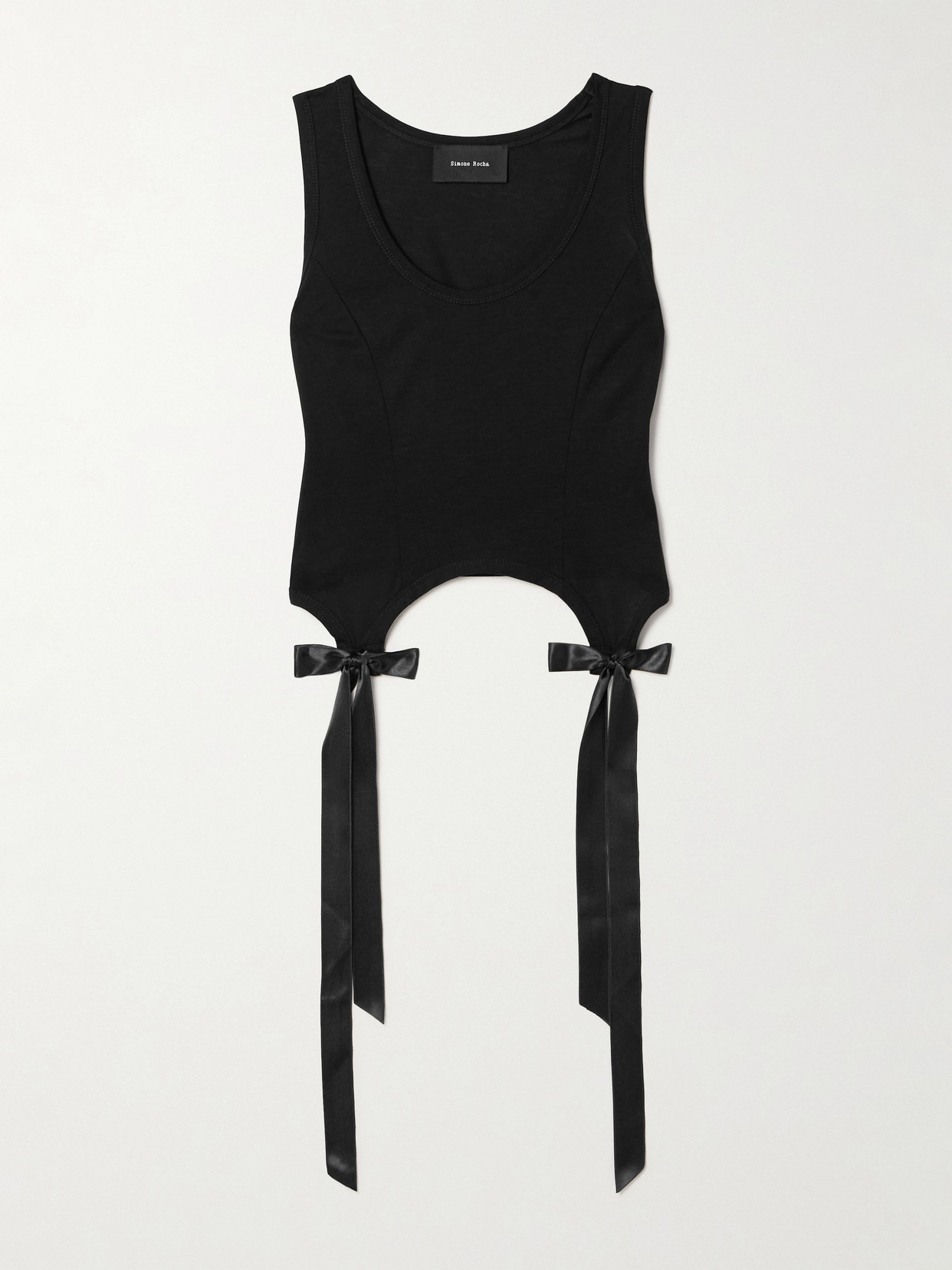 Simone Rocha - Easy Cropped Bow-detailed Satin-trimmed Cotton-jersey Tank - Black