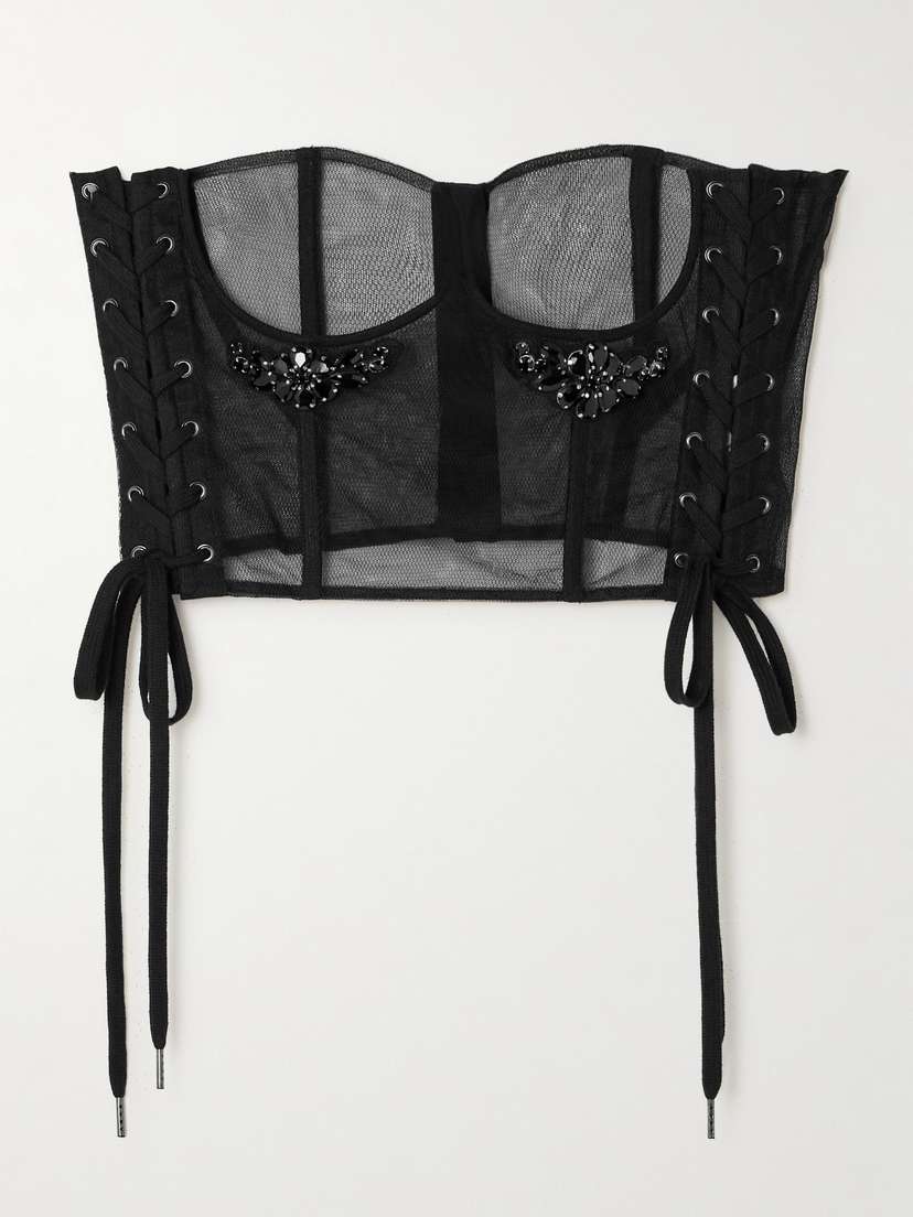 Simone Rocha Lace-up Crystal-embellished Tulle Bustier Top
