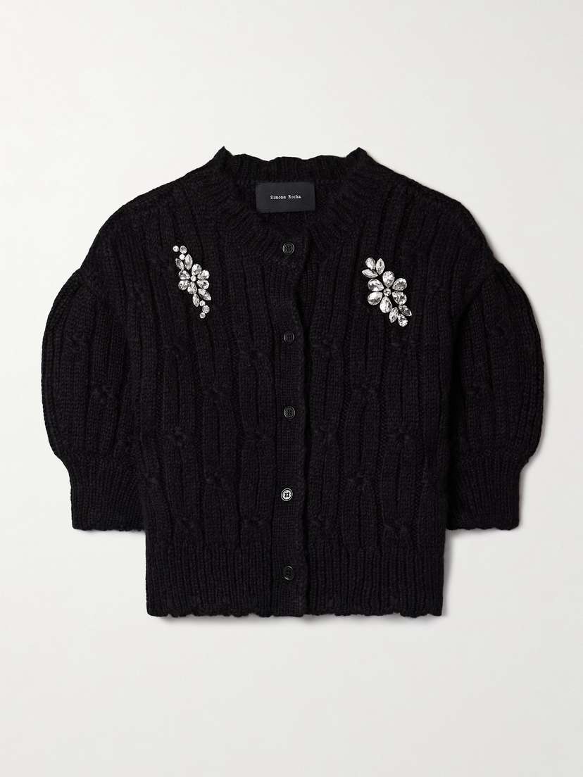 Simone Rocha Cropped Crystal-embellished Scalloped Cable-knit Alpaca-blend Cardigan