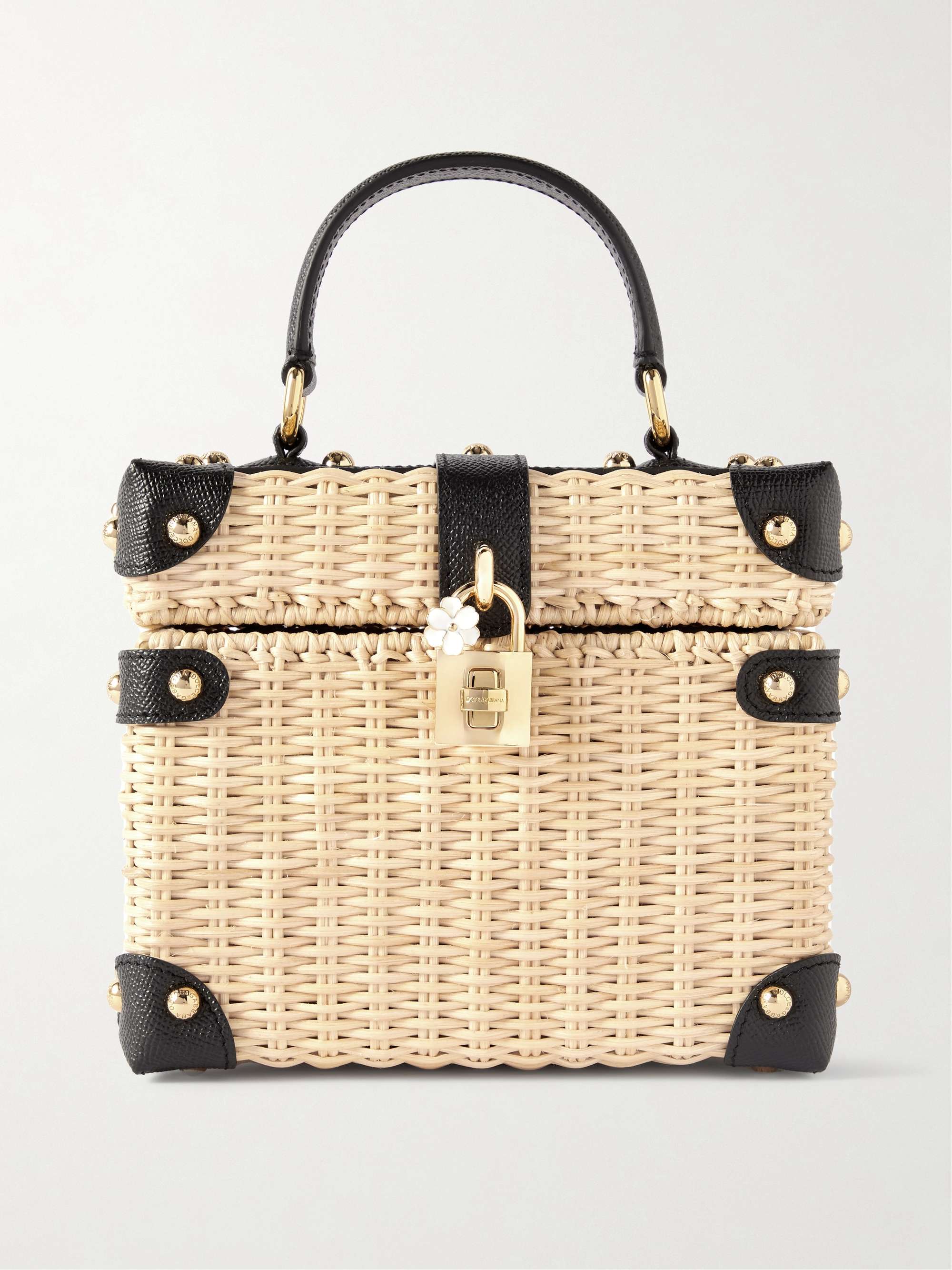 DOLCE&GABBANA Box mini embellished textured leather-trimmed raffia tote ...