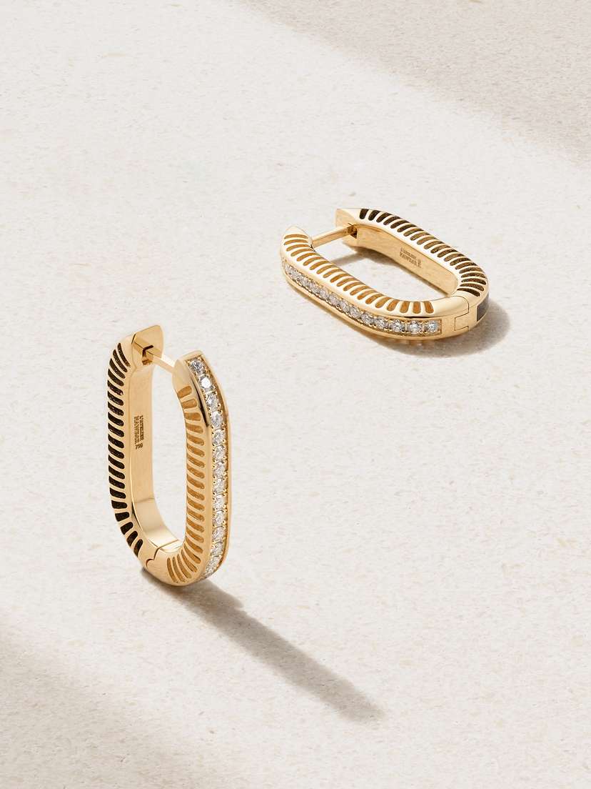 L’Atelier Nawbar Lock Ray Medium 18-karat Gold, Onyx And Diamond Hoop Earrings