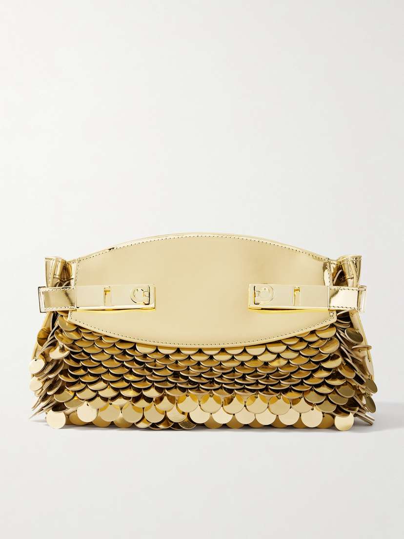 Ferragamo Hug Paillette-embellished Metallic Leather Clutch