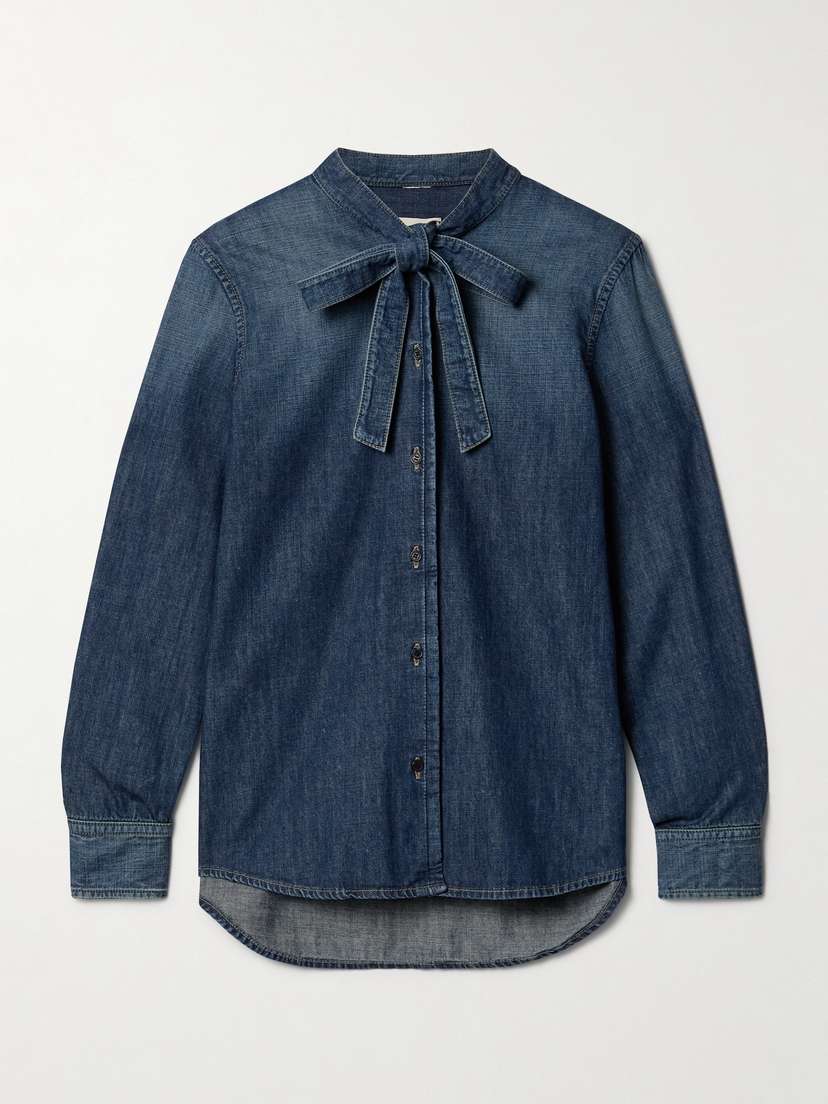 Nili Lotan Suzette Tie-neck Denim Shirt - x large
