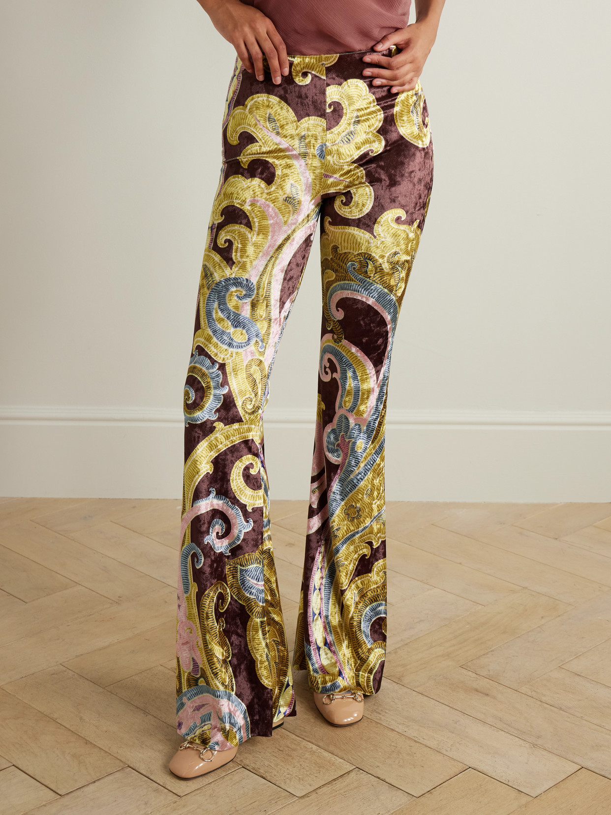 Etro Printed Stretch-chenille Flared Pants In Multi