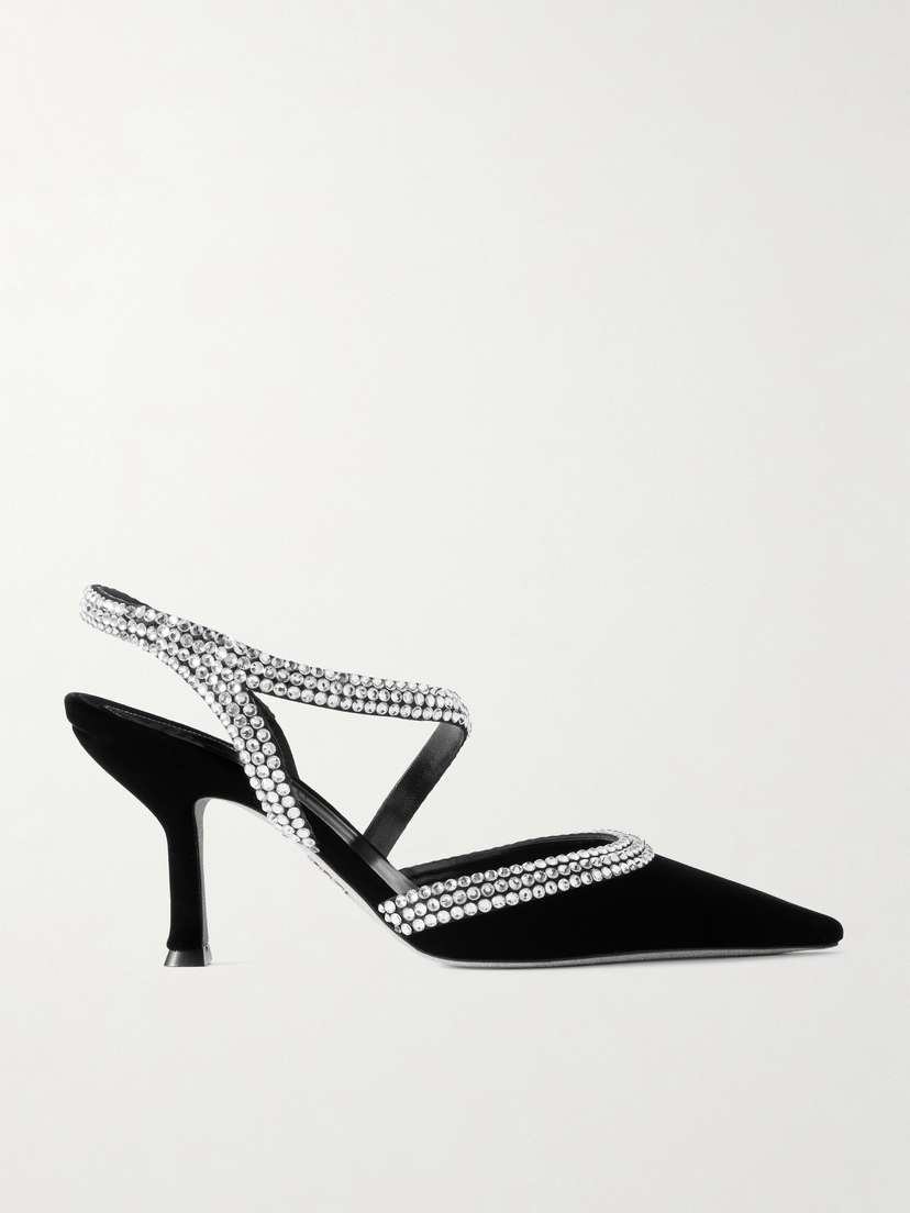 René Caovilla Crystal-embellished Leather-trimmed Velvet Slingback Pumps