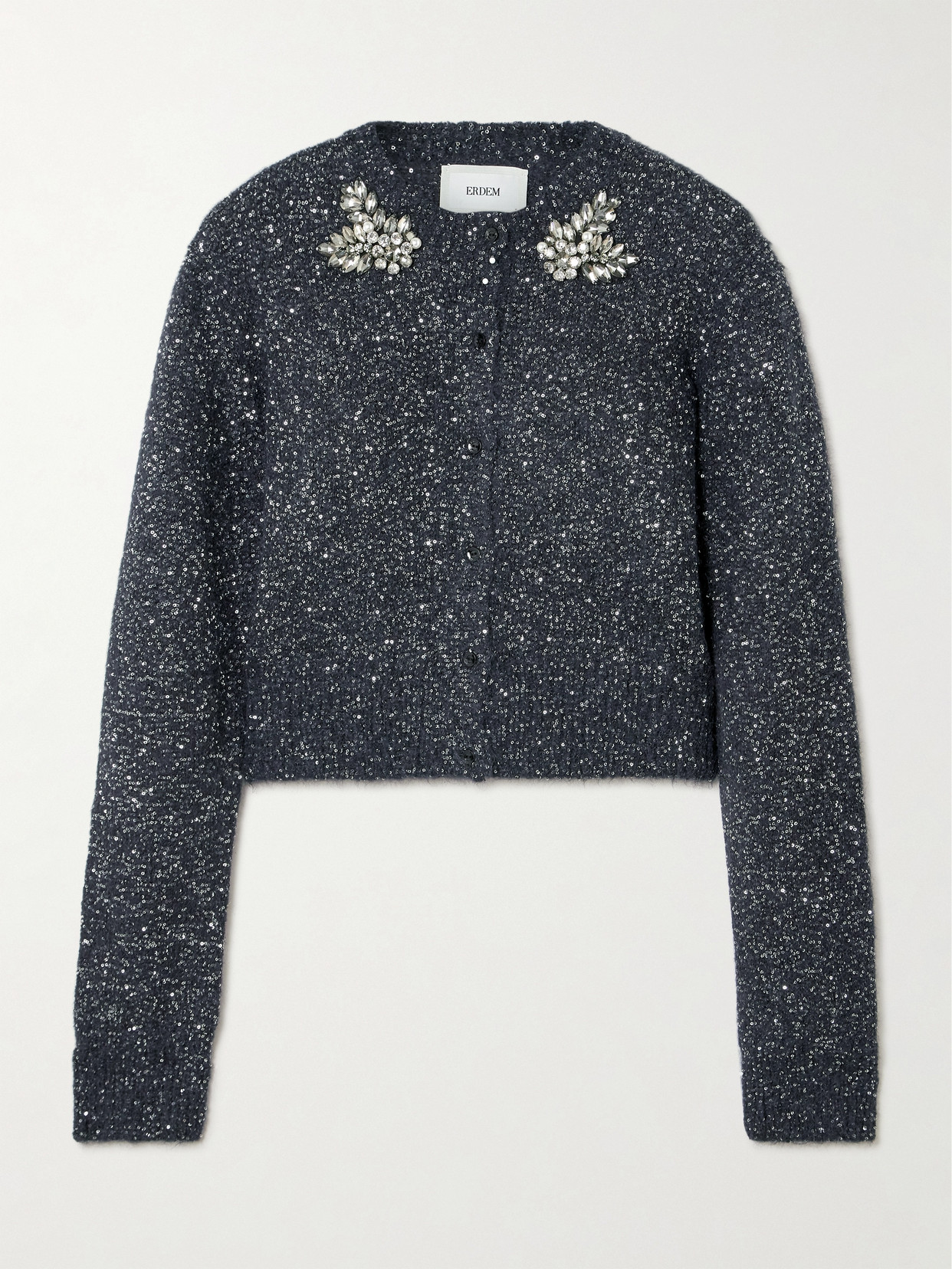 Erdem - Cropped Embellished Sequined Alpaca-blend Cardigan - Black