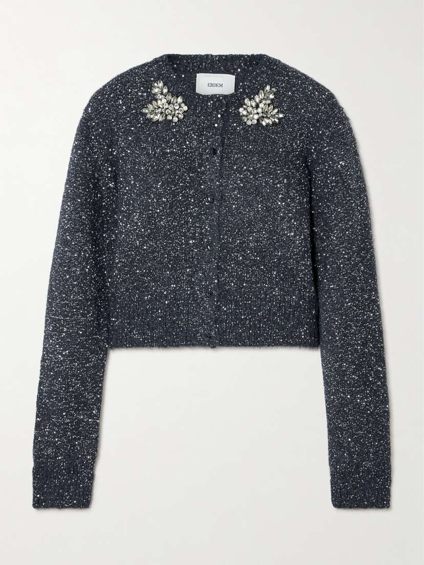 Erdem Cropped Embellished Sequined Alpaca-blend Cardigan